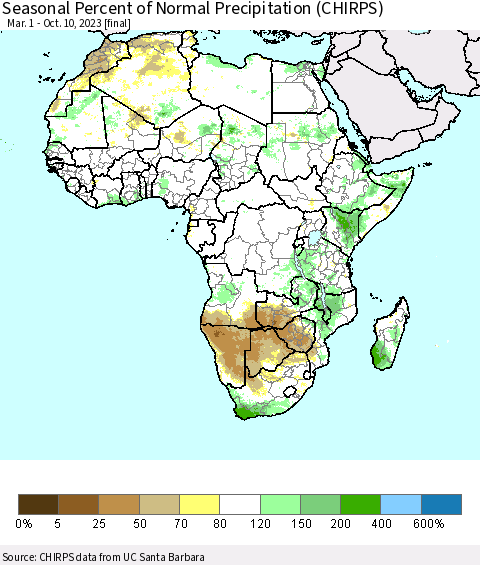 Africa Seasonal Percent of Normal Precipitation (CHIRPS) Thematic Map For 3/1/2023 - 10/10/2023
