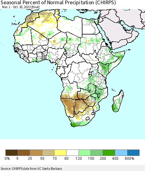 Africa Seasonal Percent of Normal Precipitation (CHIRPS) Thematic Map For 3/1/2023 - 10/20/2023