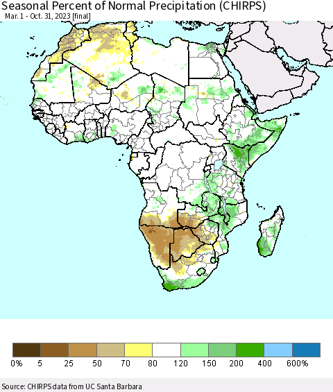 Africa Seasonal Percent of Normal Precipitation (CHIRPS) Thematic Map For 3/1/2023 - 10/31/2023