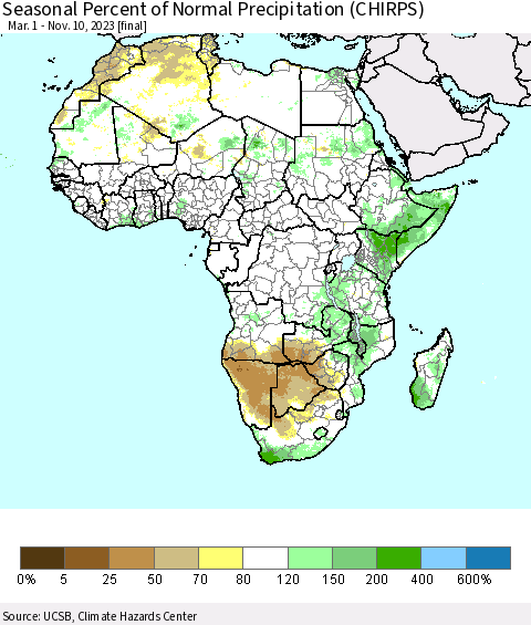 Africa Seasonal Percent of Normal Precipitation (CHIRPS) Thematic Map For 3/1/2023 - 11/10/2023