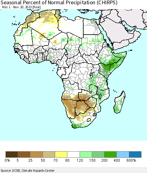 Africa Seasonal Percent of Normal Precipitation (CHIRPS) Thematic Map For 3/1/2023 - 11/20/2023