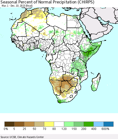 Africa Seasonal Percent of Normal Precipitation (CHIRPS) Thematic Map For 3/1/2023 - 12/10/2023