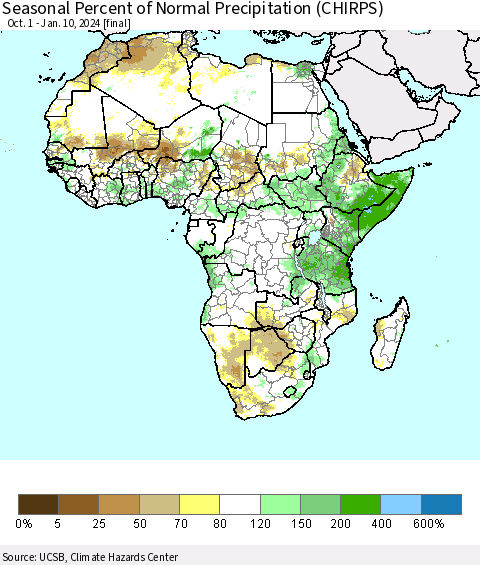 Africa Seasonal Percent of Normal Precipitation (CHIRPS) Thematic Map For 10/1/2023 - 1/10/2024