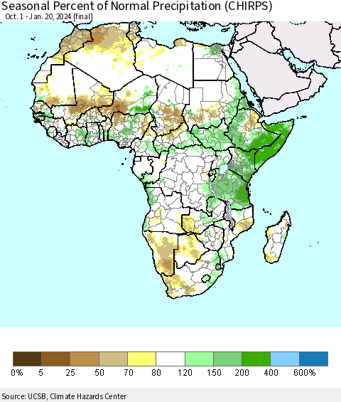Africa Seasonal Percent of Normal Precipitation (CHIRPS) Thematic Map For 10/1/2023 - 1/20/2024