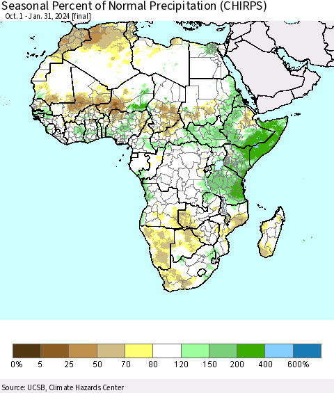Africa Seasonal Percent of Normal Precipitation (CHIRPS) Thematic Map For 10/1/2023 - 1/31/2024