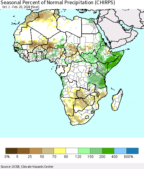 Africa Seasonal Percent of Normal Precipitation (CHIRPS) Thematic Map For 10/1/2023 - 2/20/2024
