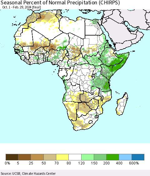 Africa Seasonal Percent of Normal Precipitation (CHIRPS) Thematic Map For 10/1/2023 - 2/29/2024