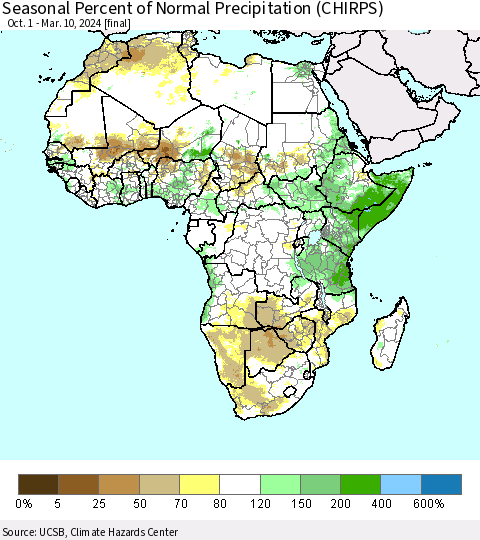 Africa Seasonal Percent of Normal Precipitation (CHIRPS) Thematic Map For 10/1/2023 - 3/10/2024