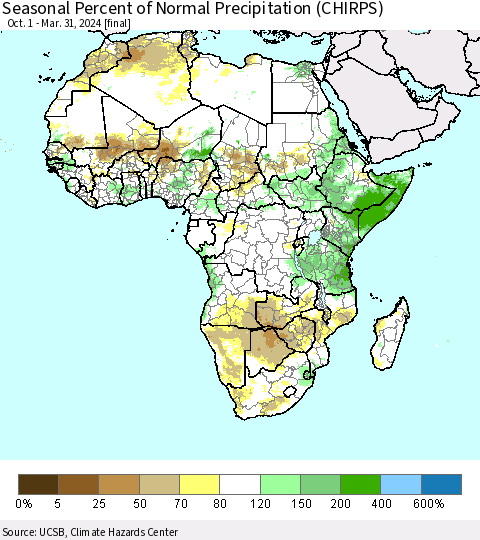 Africa Seasonal Percent of Normal Precipitation (CHIRPS) Thematic Map For 10/1/2023 - 3/31/2024