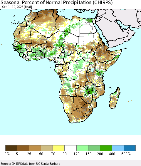 Africa Seasonal Percent of Normal Precipitation (CHIRPS) Thematic Map For 10/1/2023 - 10/10/2023