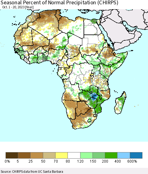 Africa Seasonal Percent of Normal Precipitation (CHIRPS) Thematic Map For 10/1/2023 - 10/20/2023