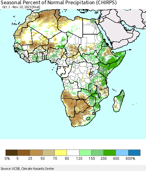Africa Seasonal Percent of Normal Precipitation (CHIRPS) Thematic Map For 10/1/2023 - 11/10/2023