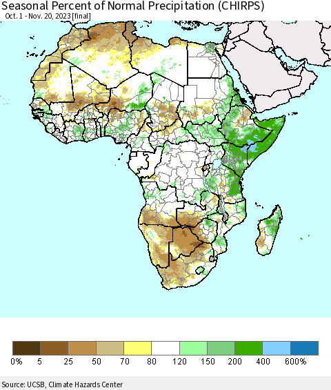 Africa Seasonal Percent of Normal Precipitation (CHIRPS) Thematic Map For 10/1/2023 - 11/20/2023