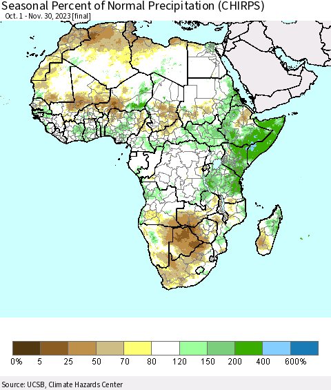 Africa Seasonal Percent of Normal Precipitation (CHIRPS) Thematic Map For 10/1/2023 - 11/30/2023
