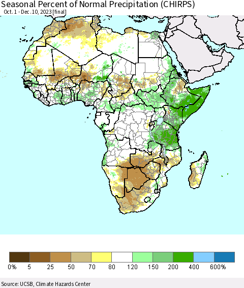 Africa Seasonal Percent of Normal Precipitation (CHIRPS) Thematic Map For 10/1/2023 - 12/10/2023