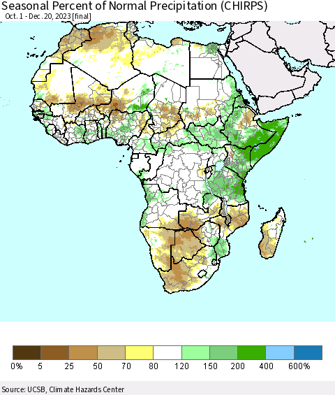 Africa Seasonal Percent of Normal Precipitation (CHIRPS) Thematic Map For 10/1/2023 - 12/20/2023