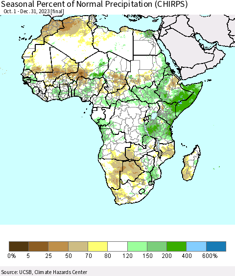 Africa Seasonal Percent of Normal Precipitation (CHIRPS) Thematic Map For 10/1/2023 - 12/31/2023