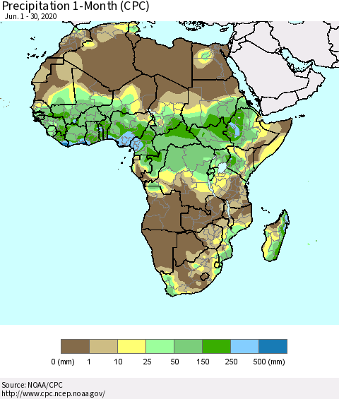 Africa Precipitation 1-Month (CPC) Thematic Map For 6/1/2020 - 6/30/2020