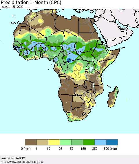 Africa Precipitation 1-Month (CPC) Thematic Map For 8/1/2020 - 8/31/2020