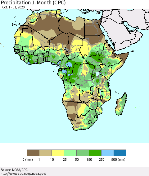 Africa Precipitation 1-Month (CPC) Thematic Map For 10/1/2020 - 10/31/2020
