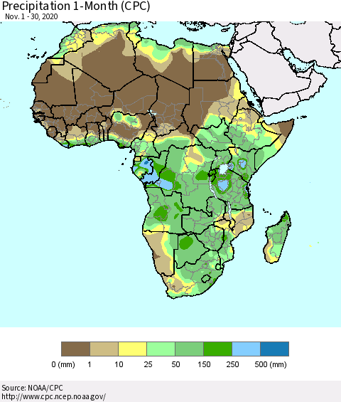 Africa Precipitation 1-Month (CPC) Thematic Map For 11/1/2020 - 11/30/2020