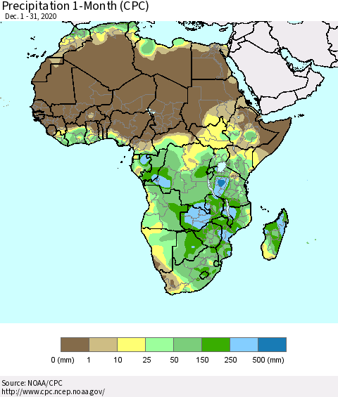 Africa Precipitation 1-Month (CPC) Thematic Map For 12/1/2020 - 12/31/2020