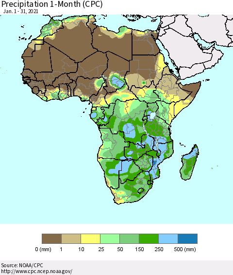 Africa Precipitation 1-Month (CPC) Thematic Map For 1/1/2021 - 1/31/2021