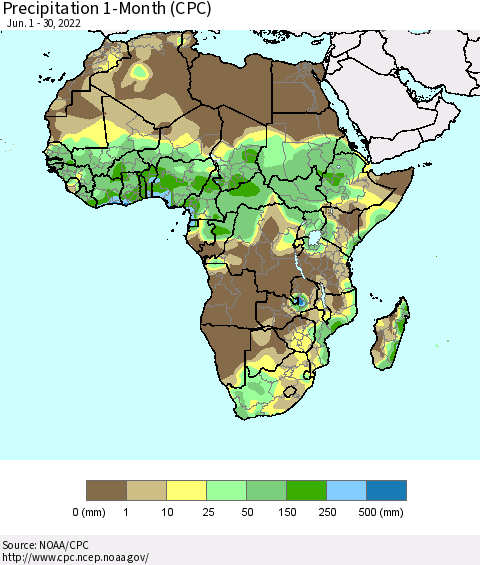 Africa Precipitation 1-Month (CPC) Thematic Map For 6/1/2022 - 6/30/2022