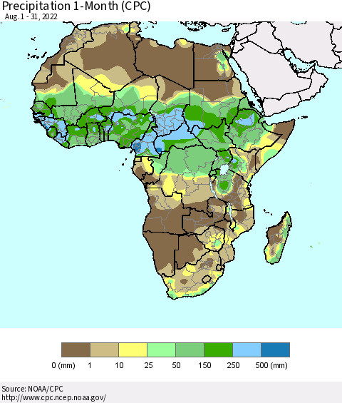 Africa Precipitation 1-Month (CPC) Thematic Map For 8/1/2022 - 8/31/2022
