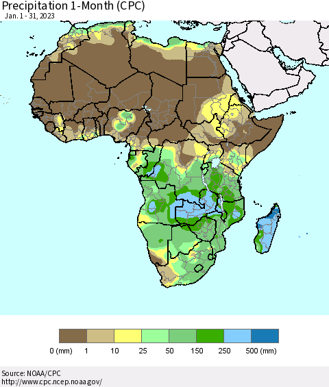 Africa Precipitation 1-Month (CPC) Thematic Map For 1/1/2023 - 1/31/2023