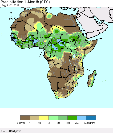 Africa Precipitation 1-Month (CPC) Thematic Map For 8/1/2023 - 8/31/2023