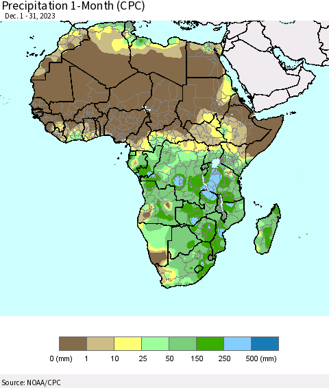 Africa Precipitation 1-Month (CPC) Thematic Map For 12/1/2023 - 12/31/2023