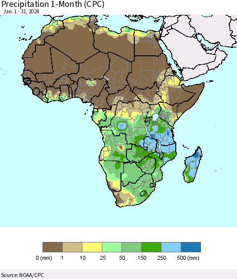 Africa Precipitation 1-Month (CPC) Thematic Map For 1/1/2024 - 1/31/2024
