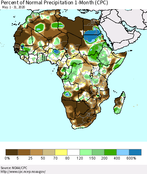 Africa Percent of Normal Precipitation 1-Month (CPC) Thematic Map For 5/1/2020 - 5/31/2020