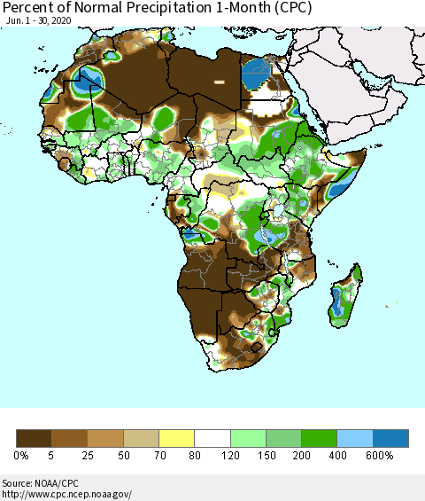 Africa Percent of Normal Precipitation 1-Month (CPC) Thematic Map For 6/1/2020 - 6/30/2020