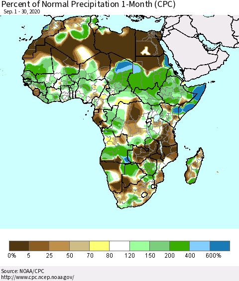 Africa Percent of Normal Precipitation 1-Month (CPC) Thematic Map For 9/1/2020 - 9/30/2020