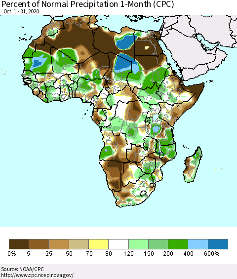 Africa Percent of Normal Precipitation 1-Month (CPC) Thematic Map For 10/1/2020 - 10/31/2020