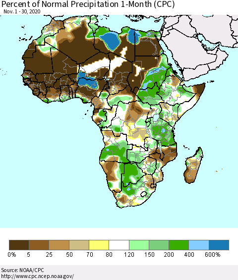 Africa Percent of Normal Precipitation 1-Month (CPC) Thematic Map For 11/1/2020 - 11/30/2020