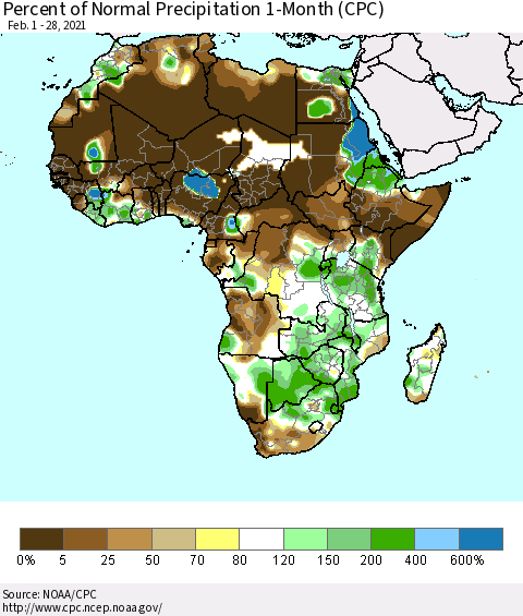 Africa Percent of Normal Precipitation 1-Month (CPC) Thematic Map For 2/1/2021 - 2/28/2021