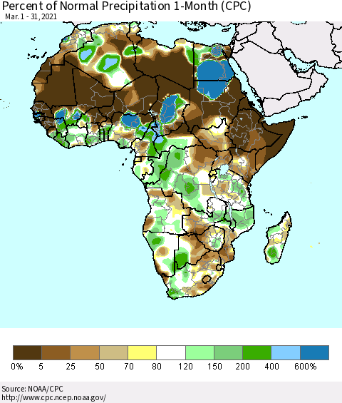Africa Percent of Normal Precipitation 1-Month (CPC) Thematic Map For 3/1/2021 - 3/31/2021