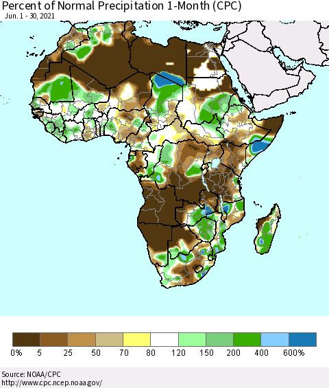 Africa Percent of Normal Precipitation 1-Month (CPC) Thematic Map For 6/1/2021 - 6/30/2021