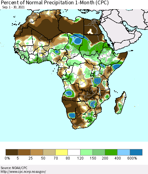 Africa Percent of Normal Precipitation 1-Month (CPC) Thematic Map For 9/1/2021 - 9/30/2021
