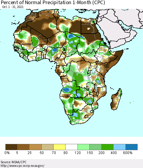 Africa Percent of Normal Precipitation 1-Month (CPC) Thematic Map For 10/1/2021 - 10/31/2021