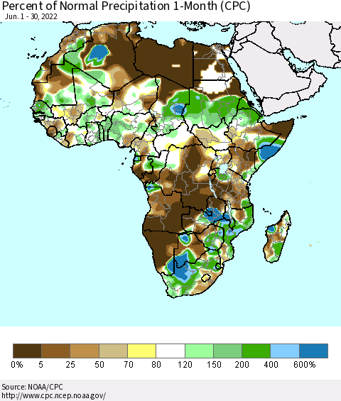 Africa Percent of Normal Precipitation 1-Month (CPC) Thematic Map For 6/1/2022 - 6/30/2022