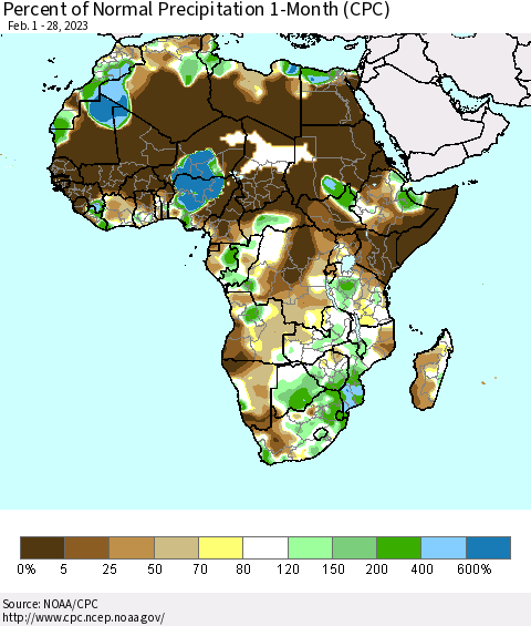 Africa Percent of Normal Precipitation 1-Month (CPC) Thematic Map For 2/1/2023 - 2/28/2023
