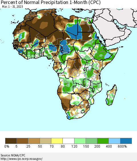 Africa Percent of Normal Precipitation 1-Month (CPC) Thematic Map For 3/1/2023 - 3/31/2023