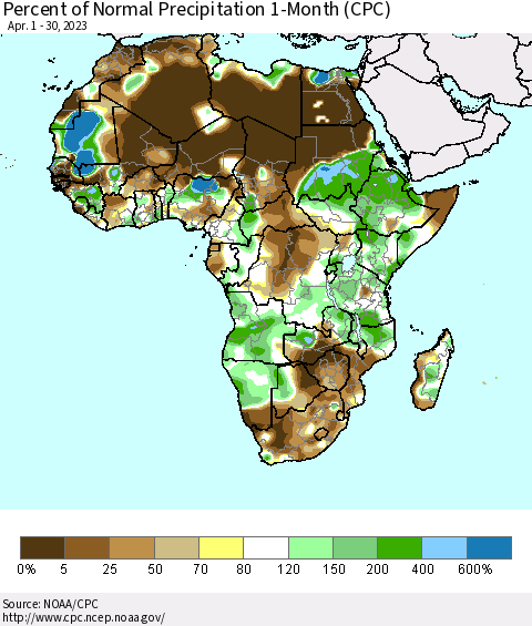 Africa Percent of Normal Precipitation 1-Month (CPC) Thematic Map For 4/1/2023 - 4/30/2023