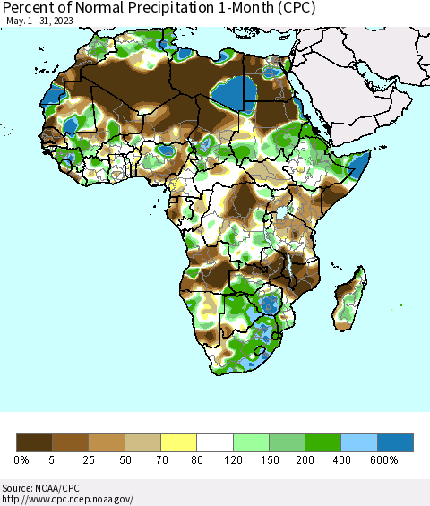 Africa Percent of Normal Precipitation 1-Month (CPC) Thematic Map For 5/1/2023 - 5/31/2023