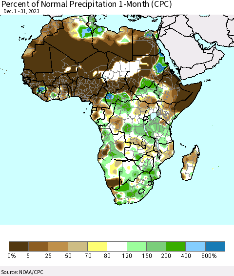 Africa Percent of Normal Precipitation 1-Month (CPC) Thematic Map For 12/1/2023 - 12/31/2023