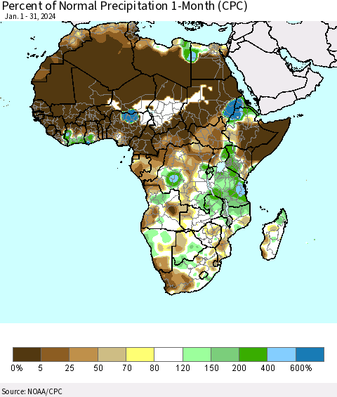 Africa Percent of Normal Precipitation 1-Month (CPC) Thematic Map For 1/1/2024 - 1/31/2024
